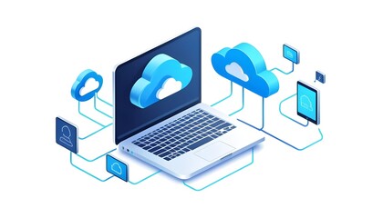 Isometric Data Transfer and Cloud Storage Icon: Digital Service Representation with Network Connection for Websites