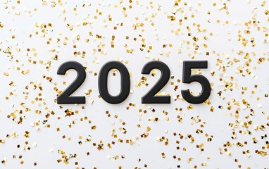 Minimalist 2025 in bold black font on a clean white background, with subtle golden confetti falling around