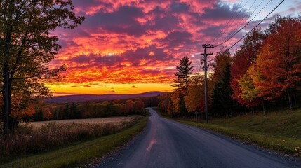 Obraz premium A countryside road flanked by fall trees with a telephone pole silhouetted against a fiery sunset