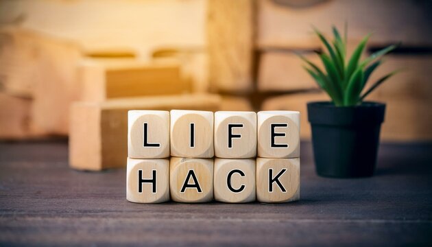  lifehackの文字が書かれた木製のキューブブロック。