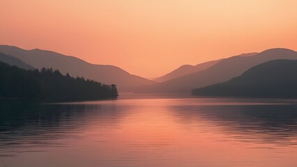 Serene Sunset Lake Landscape, Minimalist Coral Hues, Rolling Hills, and Calm Waters