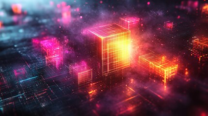 Fototapeta premium Vibrant abstract digital neon blocks. Glowing geometric shapes, futuristic data. Red, pink, blue, technology concept