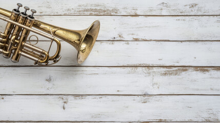 Naklejka premium Musical Elegance: Trumpet on White Wooden Table
