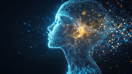 Naklejka premium Digital female profile, abstract thinking, glowing network, dark background