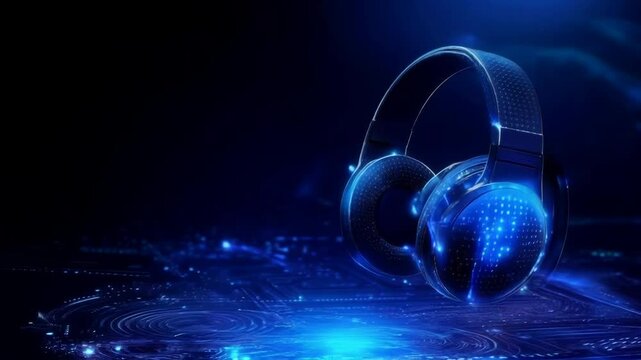 Abstract Blue Glowing Headphones on Circuit Board Background Animation - Futuristic Tech Music Video; Headphones display digital data seamlessly looping with vibrant glow and futuristic style