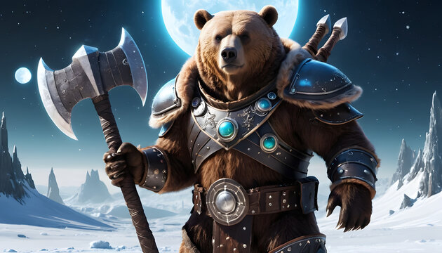 Armored bear warrior under moonlit sky. - Powered by Adobe