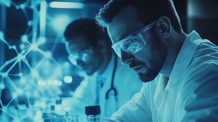 Professional healthcare researchers working together in a high-tech laboratory, focusing on medical science and technology