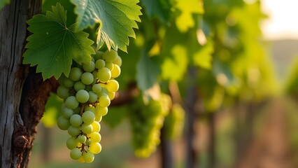 Naklejka premium Macro Photography of Verdant Grape Cluster at Dawn, Sunlit Vineyard Vine with Lush Green Leaves and Intricate Textures