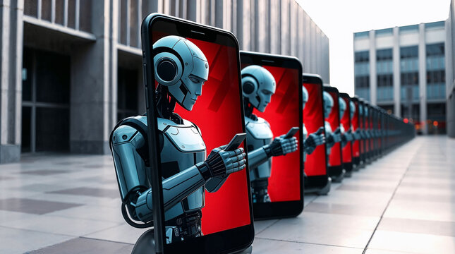 Humanoid AI robot interacting with phones to spread news, recursion