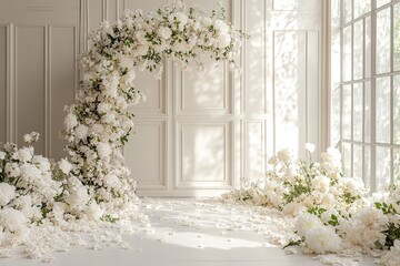 Fototapeta premium White Floral Archway Decorates Elegant Room with Petals, Creating a Romantic and Serene Atmosphere for Events or Photoshoots.