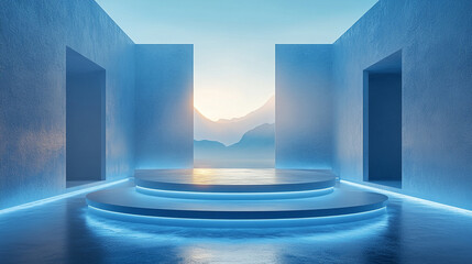 serene 3D space with smooth square podium and glowing blue light