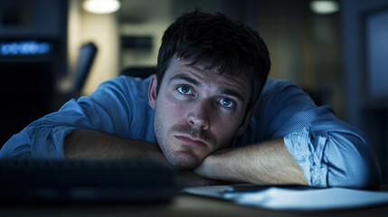 Obraz premium Tired professional in dark office. Illustrates workplace stress and burnout concepts