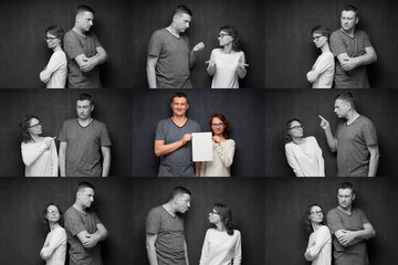 Obraz premium Concept of a young couple's relationship. A young couple of a guy and a girl maintains their relationship despite the different situations in their relationship