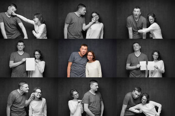 Obraz premium Concept of a young couple's relationship. A young couple of a guy and a girl maintains their relationship despite the different situations in their relationship