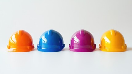 A minimalistic close-up of four vibrant hard hats placed on a clean white background, showcasing organization and architectural precision.