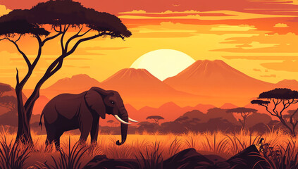 Fototapeta premium artistic illustration of elephant in savanna landscape at sunset