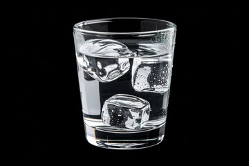 a glass of water with ice cubes on a black background
