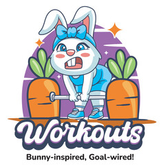 Vector Illustration of Bunny Lifting A Carrot As A Barbell with Retro Mascot Illustration Available for Tshirt Design