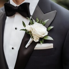 Groom in Tuxedo with White Rose Boutonniere