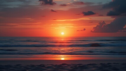 Fototapeta premium Stunning Vibrant Sunset over Tranquil Black Sand Beach, Minimalist Ocean Scene