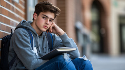 Fototapeta premium Thoughtful teenager with book outdoors. Illustrates youth education and adolescent contemplation