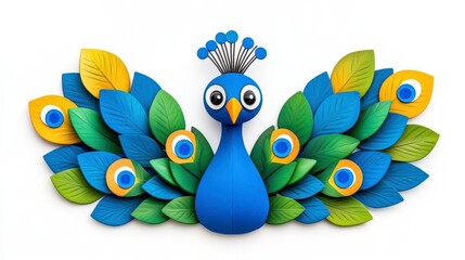 Obraz premium A photostock of a colorful peacock standing gracefully with its feathers spread wide, isolated on a white background, symbolizing beauty and pride. High Quality