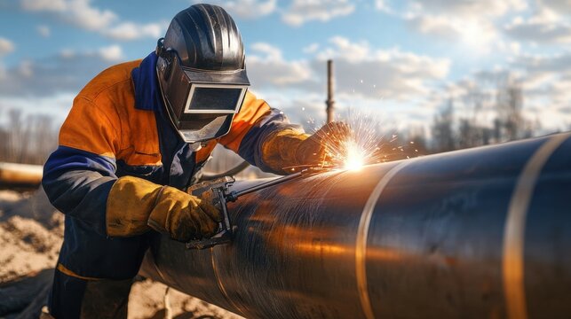 A man in a protective suit is working on a pipe