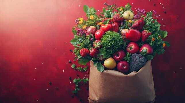 Farmers market produce paper bag harvest red background