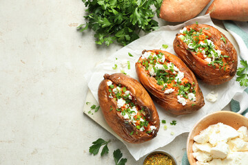 Tasty cooked sweet potatoes with feta cheese, green onion and parsley on gray textured table, flat lay. Space for text