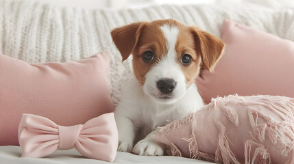 Adorable Golden Puppy Resting on a Light Gray Sofa Surrounded by Pastel Pink Cushions and a Plush Bow in a Cozy Setting