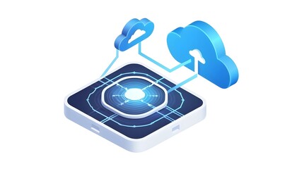 Isometric Data Transfer and Cloud Storage Icon: Digital Service Representation with Network Connection for Websites