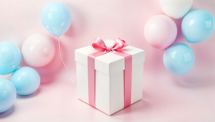 Elegant white gift box with pink ribbon and bow on a pastel pink background. Ideal for celebrations, birthdays, and special occasions.