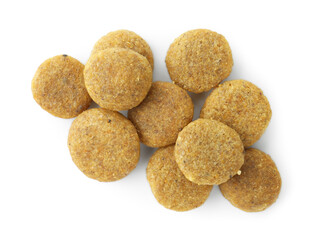 Dry pet food granules isolated on white, top view