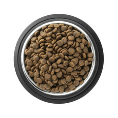 Dry pet food granules in feeding bowl isolated on white, top view
