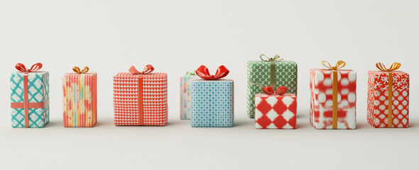 Various Christmas gifts with colorful patterns