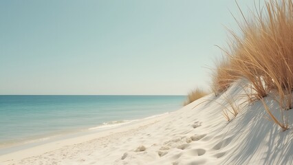 Fototapeta na wymiar Serene Minimalist Beach Scene, Golden Hour Coastal Landscape, Soft White Sand, Calm Blue Ocean, Travel Inspiration
