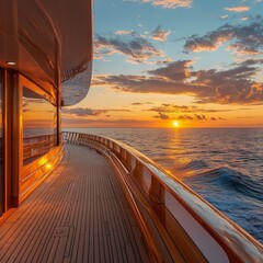 A passenger vessel at sunset on azure waters, offering breathtaking coastal views and vibrant hues.