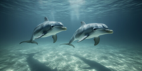 Fototapeta premium Dolphins swimming gracefully in clear waters ocean environment underwater photography tranquil setting close-up view marine life beauty