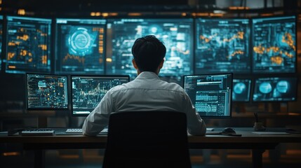Analyst reviewing data on screens in a dark control room