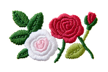 Embroidered rose patch sticker, stitched patchwork, isolated on white background