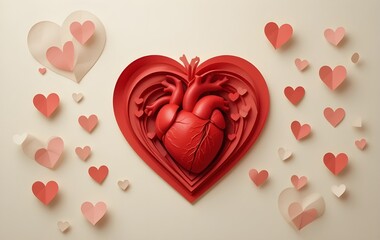 Artistic Representation of Human Heart with Red and Pink Heart Motif