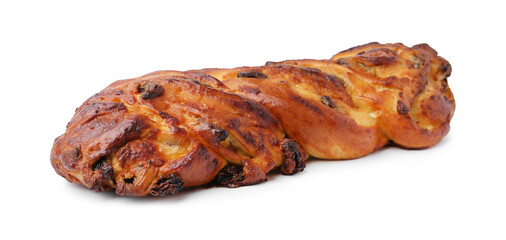 Delicious pastry with raisins isolated on white