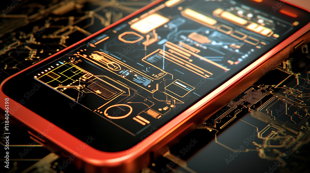 Poster A mobile phone showing data transactions and diagrams, technology concept