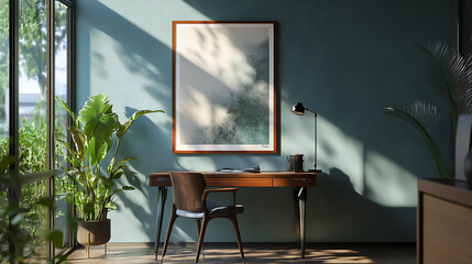 Fototapeta premium A modern office interior with a large framed poster on the wall, an empty wooden desk, a chair, and a plant near a window