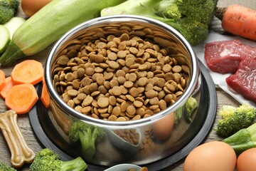 Dry pet food in feeding bowl among natural products on wooden table, closeup