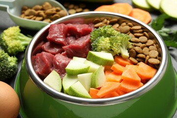 Natural and dry pet food in feeding bowl among products on table, closeup