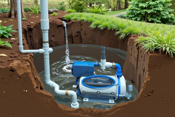 Obraz premium Water Pump Installation Underground Pond System Diagram