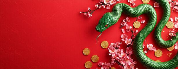 Green snake with gold coins and blossoms on red background