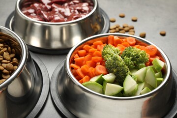 Dry pet food and natural products on grey table, closeup