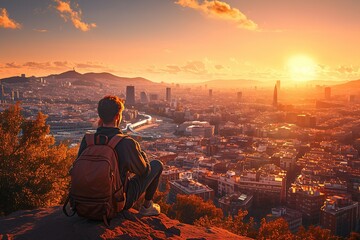 Obraz premium Traveler Watches City Sunset from Hilltop, Golden Hour Views, Urban Landscape Panorama, Adventurous Journey, Breathtaking Scenery